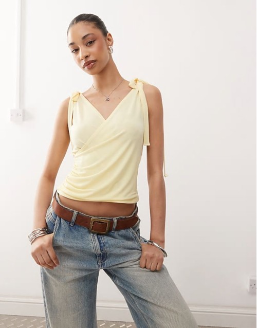 wrap front tank top with bow shoulder in buttermilk yellow