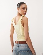 wrap front tank top with bow shoulder in buttermilk yellow
