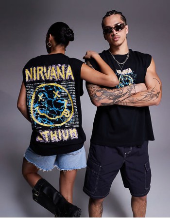 Nirvana unisex boxy oversized vest with large scale prints in black