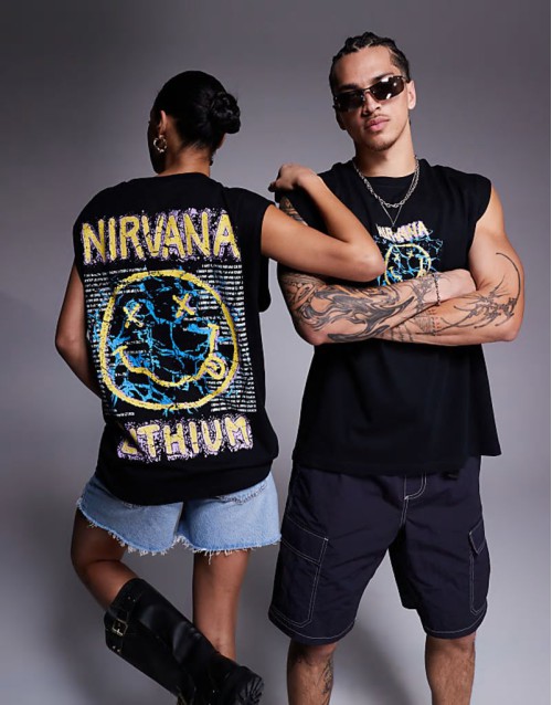 Nirvana unisex boxy oversized vest with large scale prints in black
