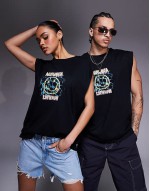 Nirvana unisex boxy oversized vest with large scale prints in black