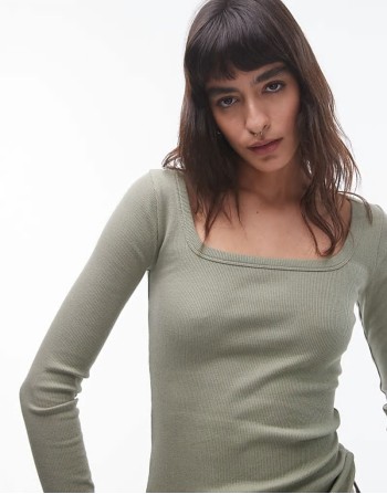 square neck long sve top in khaki