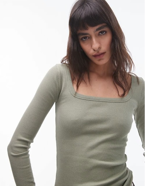 square neck long sve top in khaki