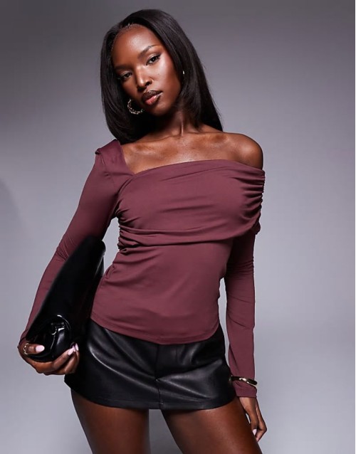 polyamide off shoulder top in burgundy