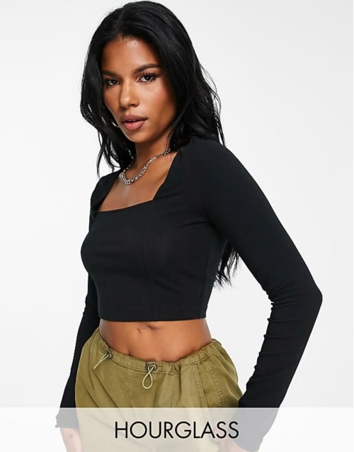 Fuller Bust square neck crop top with seam detail in black