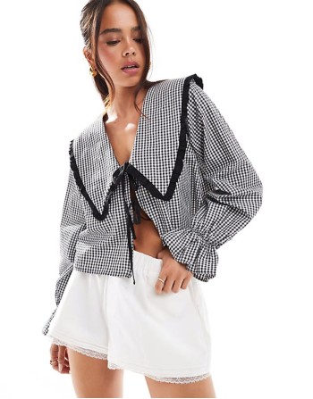 oversized collar tie front blouse in black gingham