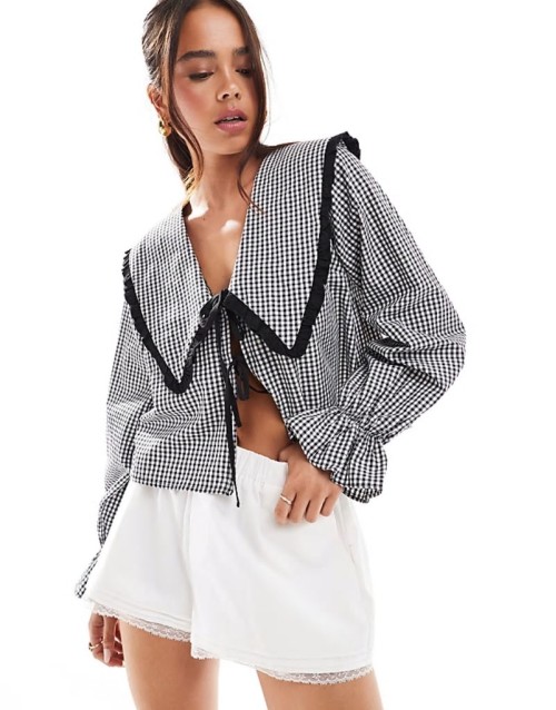 oversized collar tie front blouse in black gingham