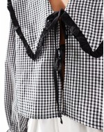 oversized collar tie front blouse in black gingham