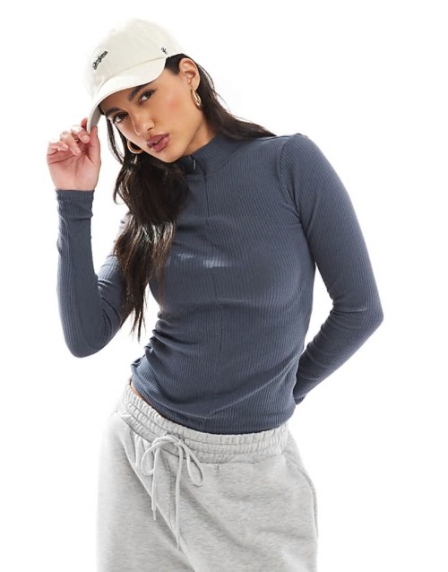 ribbed jersey double zip top in grey blue