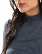 ribbed jersey double zip top in grey blue