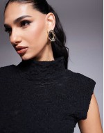 textured high neck vest top with shoulder pads in black
