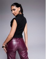 textured high neck vest top with shoulder pads in black