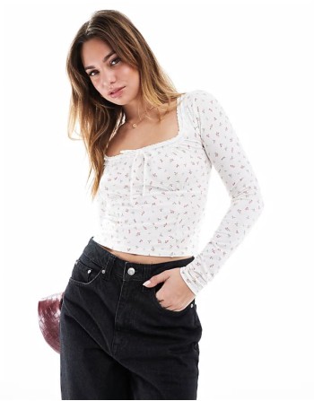 Cotton On Annie lace tie v neck long sve top in ditsy vintage white Cotton On Annie lace tie v neck long sve top in ditsy vintage white