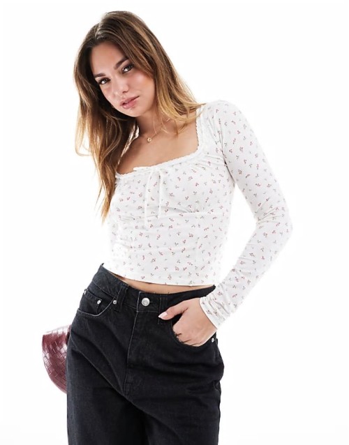 Cotton On Annie lace tie v neck long sve top in ditsy vintage white