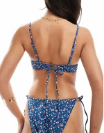 ditsy floral tie back bikini bra top in deep blue