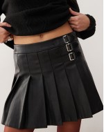 faux leather pleated buckle detail kilt