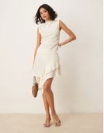 textured grown on neck top and skirt with frill detail co ord in ecru