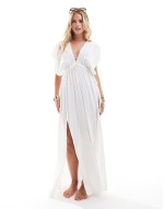 Petite Faye flutter sve maxi beach dress with channelled tie waist in white