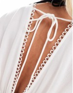 Petite Faye flutter sve maxi beach dress with channelled tie waist in white