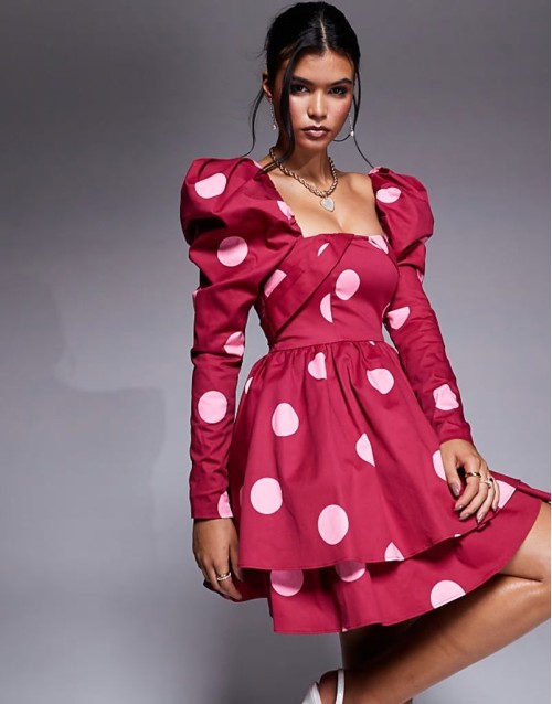 cotton sateen structured skater mini dress in polka dot print