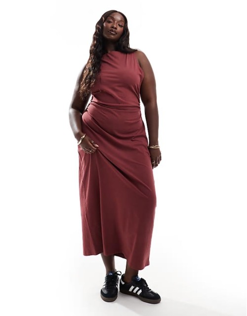 Curve boat neck maxi dress with ruched sides in burgundy