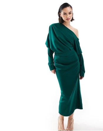 slouchy fallen shoulder midi dress in forest green