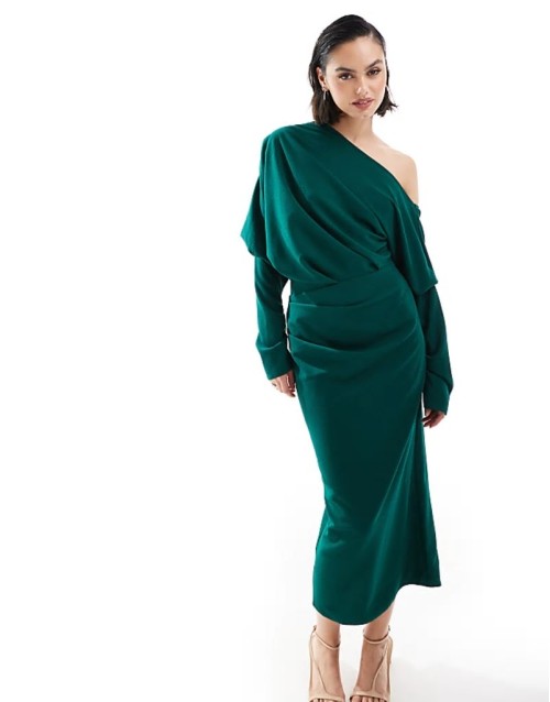 slouchy fallen shoulder midi dress in forest green
