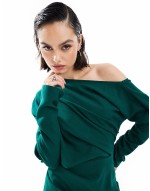 slouchy fallen shoulder midi dress in forest green