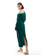 slouchy fallen shoulder midi dress in forest green