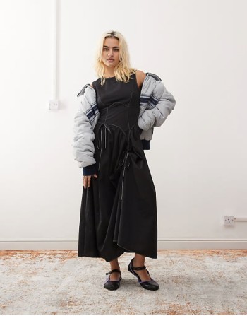 poplin midi dress with hitch bubble skirt in black poplin midi dress with hitch bubble skirt in black