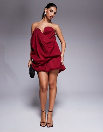 structured bust puffball bandeau mini dress in burgundy