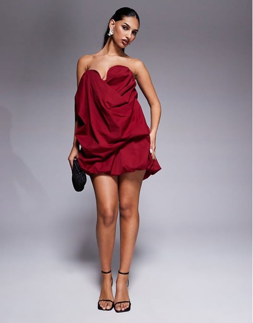 structured bust puffball bandeau mini dress in burgundy