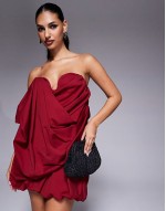 structured bust puffball bandeau mini dress in burgundy