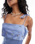 exclusive heavy satin diamante trim tie cami sve mini dress in blue