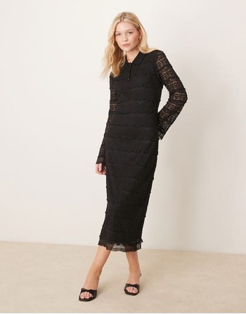 textured lace polo neck detail midi dress in black