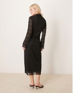 textured lace polo neck detail midi dress in black