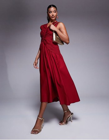 midi dress with ruched bodice and centre channel detail in red