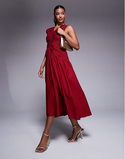 midi dress with ruched bodice and centre channel detail in red
