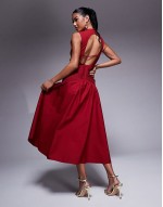midi dress with ruched bodice and centre channel detail in red
