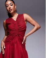 midi dress with ruched bodice and centre channel detail in red