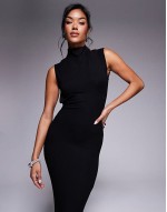 high neck slash shoulder maxi dress with open back in black