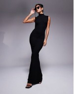 high neck slash shoulder maxi dress with open back in black