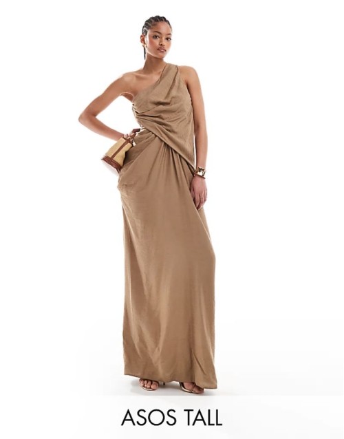 Tall one shoulder draped maxi dress with full skirt in taupe