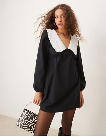 poplin contrast collar mini dress in black