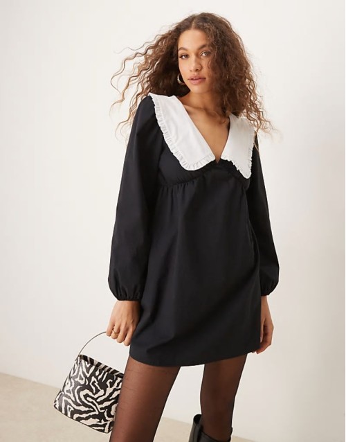 poplin contrast collar mini dress in black