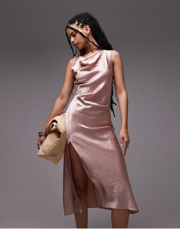 sveless hammered satin midaxi dress with drape detail and  thigh split in light pink