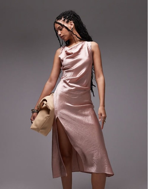 sveless hammered satin midaxi dress with drape detail and  thigh split in light pink
