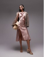 sveless hammered satin midaxi dress with drape detail and  thigh split in light pink