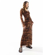 mesh scoop neck midaxi dress in animal print
