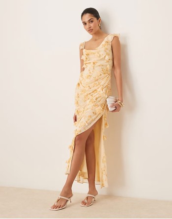 3D flower draped ruffle sve midaxi dress with open back in ditsy floral print 3D flower draped ruffle sve midaxi dress with open back in ditsy floral print